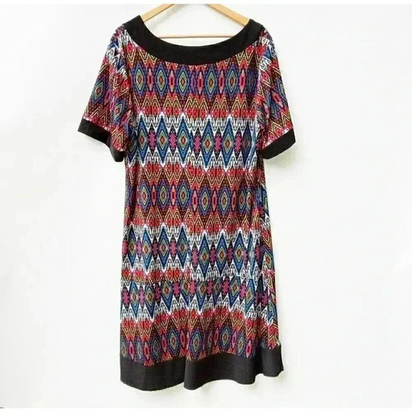 TIANA B GEOMETRIC ASTEC PATTERN BLACK BLUE RED GREEN SHORT SLEEVE DRESS Sz 18W - Picture 2 of 5